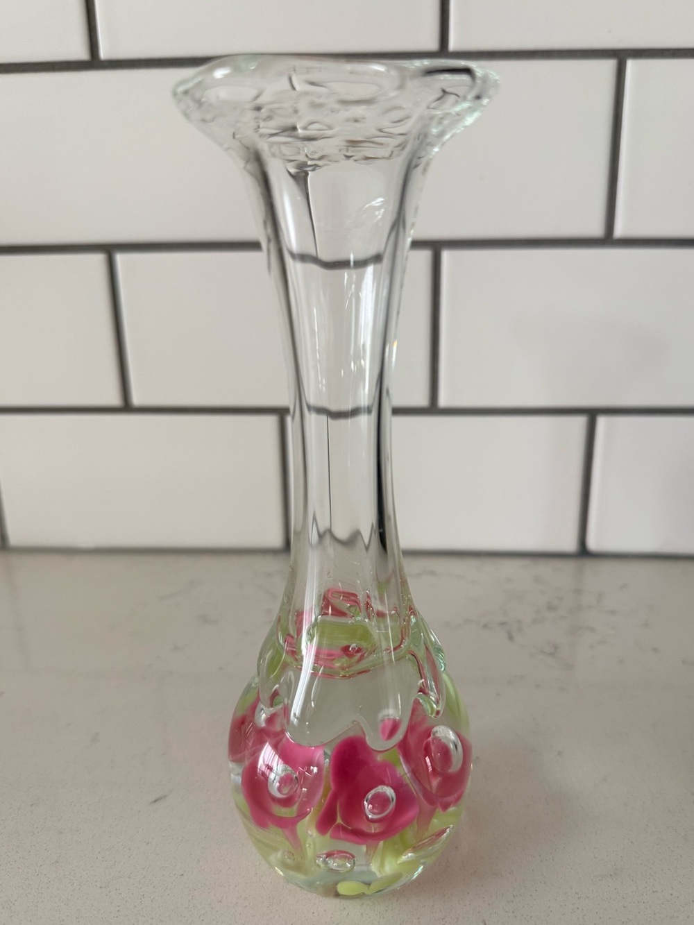 Vintage St. Clair Pink Flowers Paperweight Glass Vase bubble accent